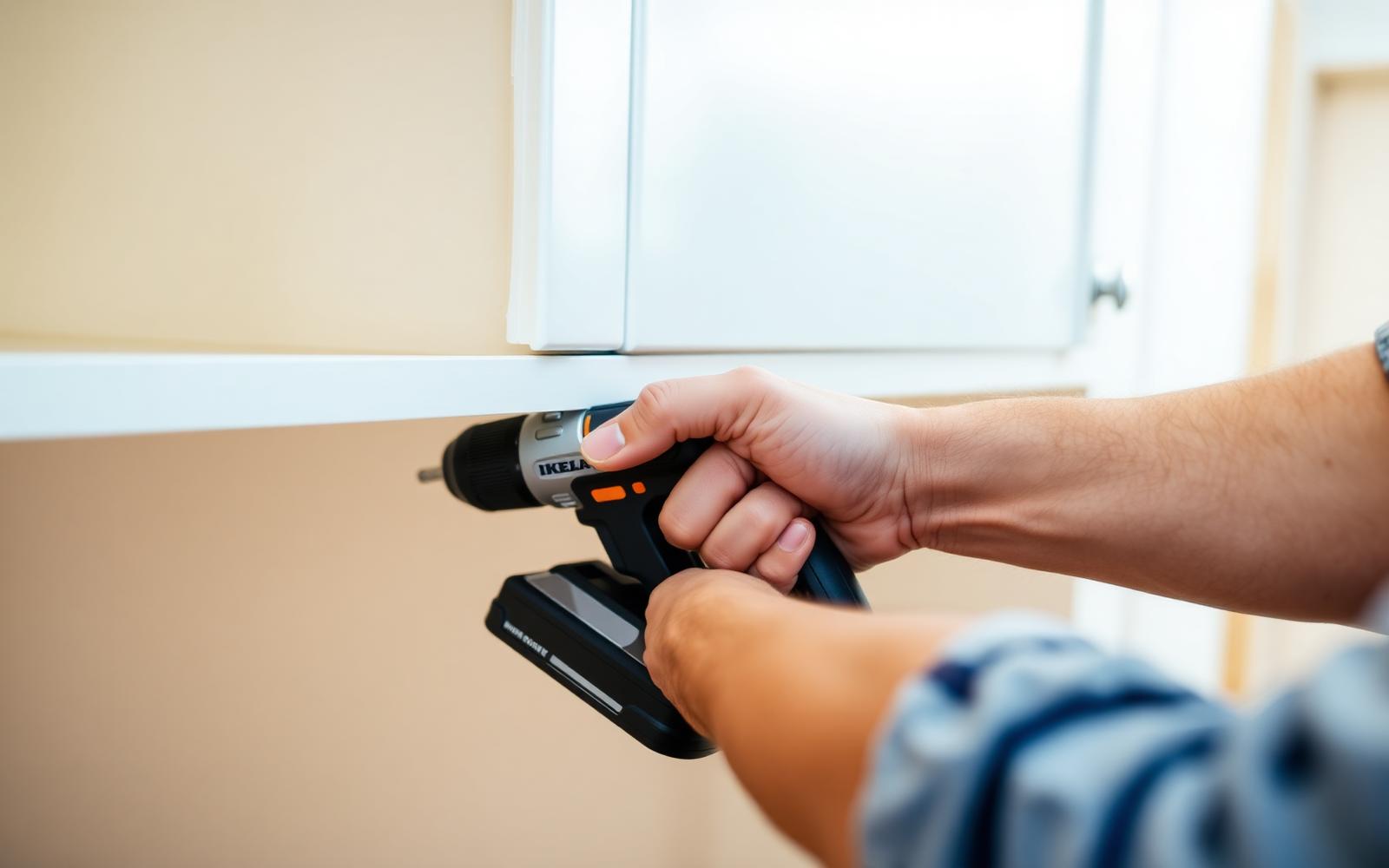 Contractor installing an IKEA kitchen cabinet with precision tools
