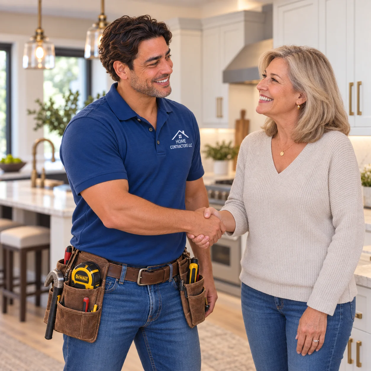 Ron greeting a happy homeowner after completing a kitchen remodeling project