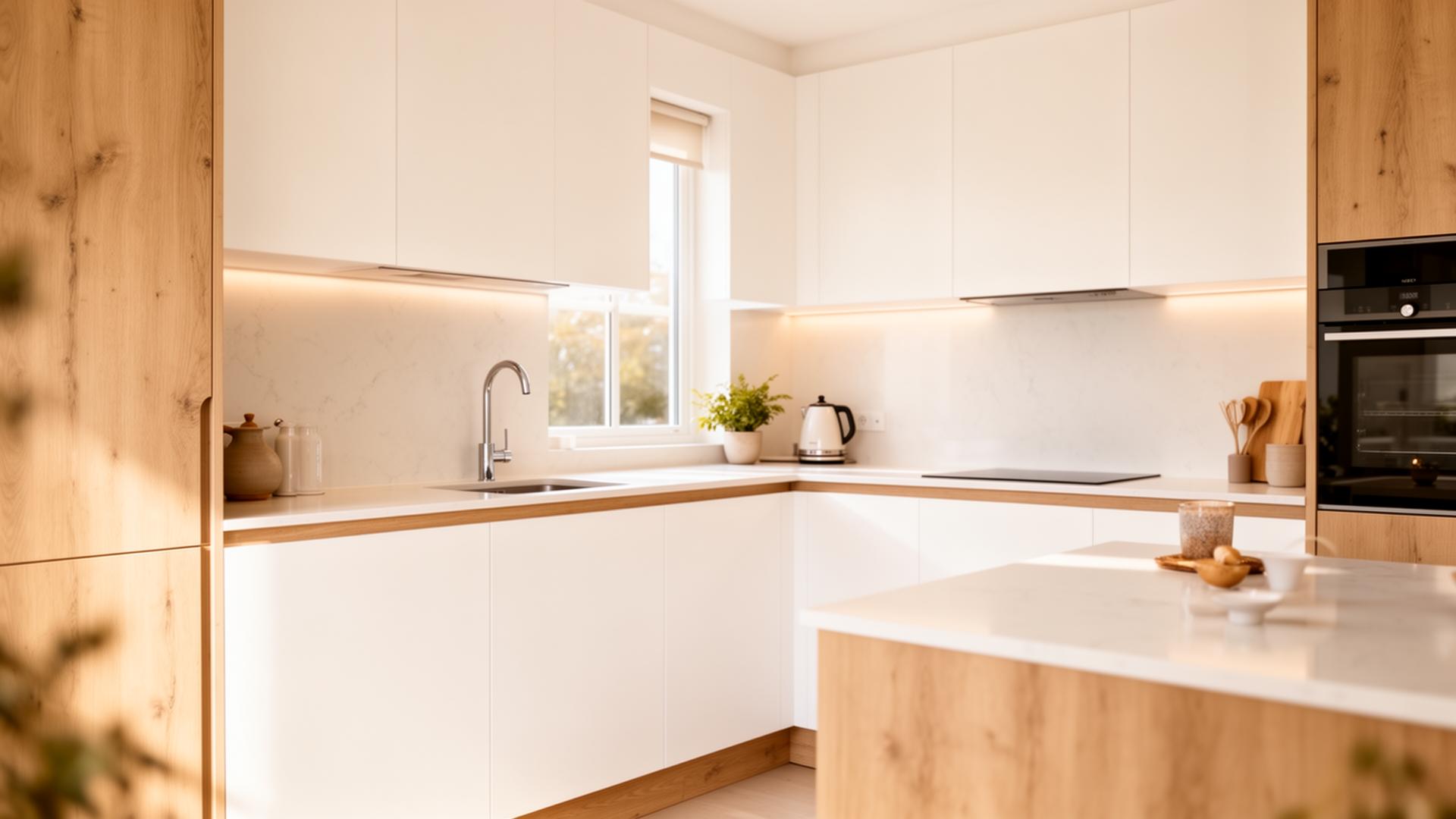 Modern white IKEA kitchen with oak accents installed by Kitchens Assembly