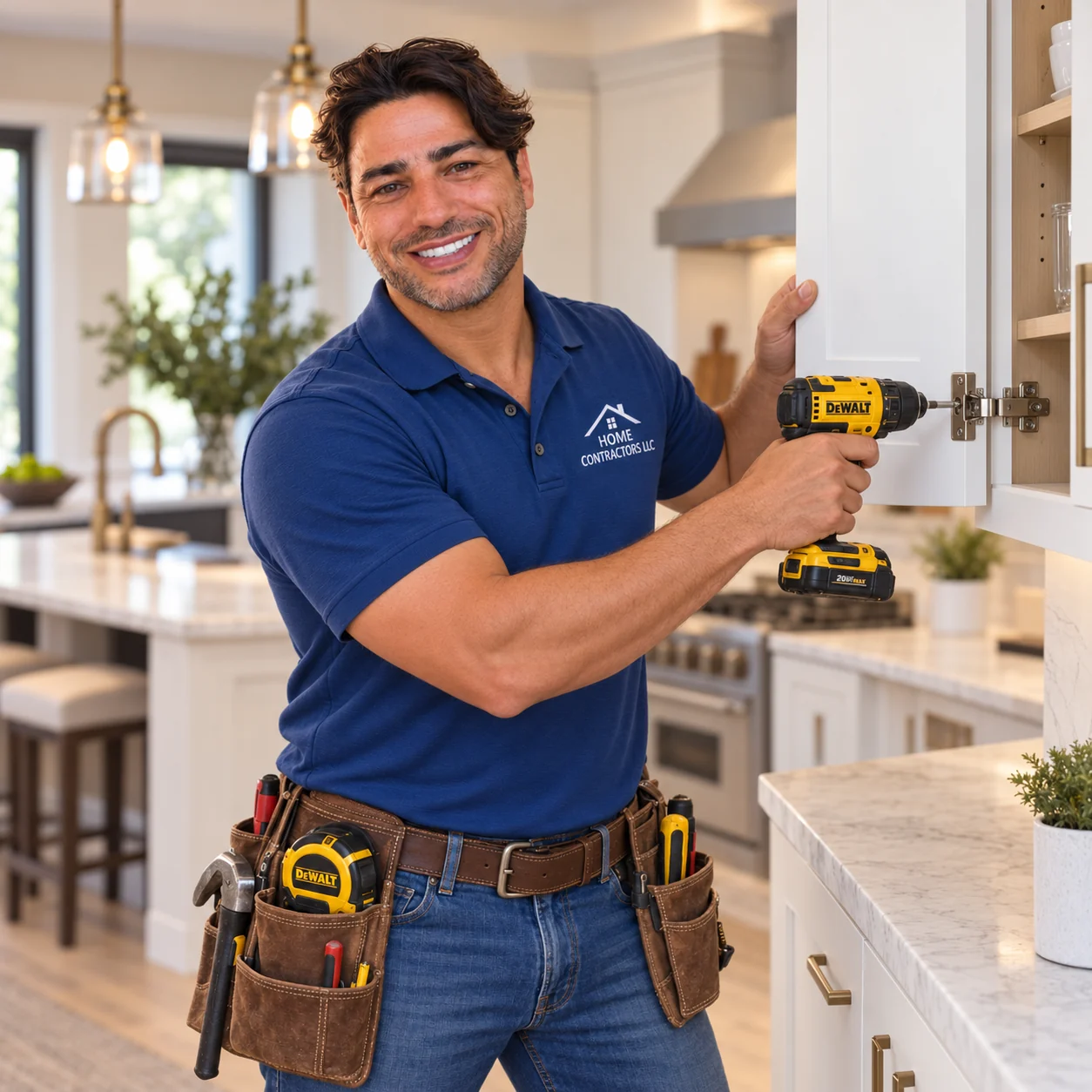 Ron installing and adjusting a white kitchen cabinet door in a remodeled South Florida kitchen